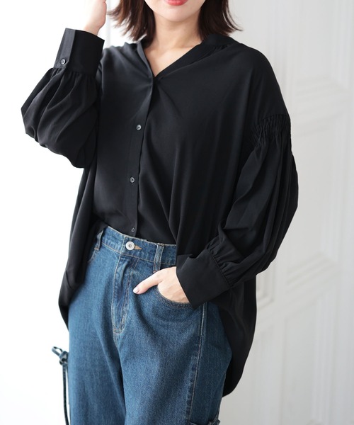 Ruwan yu（ルワンユー）の「ギャザースリーブVネックブラウス【大きいサイズ対応】（シャツ/ブラウス・レディース・ピンク/ブラック・L/LL/3L/4L）」の14枚目の写真