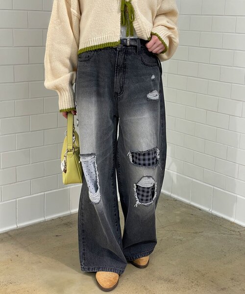 CIAOPANIC（チャオパニック）の「ドット×チェックダメージデニムパンツ（デニムパンツ・レディース・ブルー/ブラウン/ブラック・SMALL/X-SMALL/MEDIUM）」の7枚目の写真