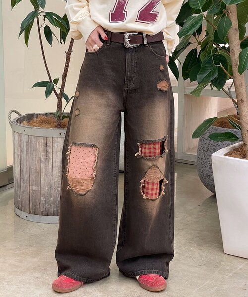 CIAOPANIC（チャオパニック）の「ドット×チェックダメージデニムパンツ（デニムパンツ・レディース・ブルー/ブラウン/ブラック・SMALL/X-SMALL/MEDIUM）」の13枚目の写真