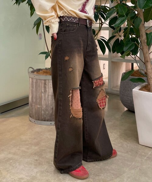 CIAOPANIC（チャオパニック）の「ドット×チェックダメージデニムパンツ（デニムパンツ・レディース・ブルー/ブラウン/ブラック・SMALL/X-SMALL/MEDIUM）」の14枚目の写真