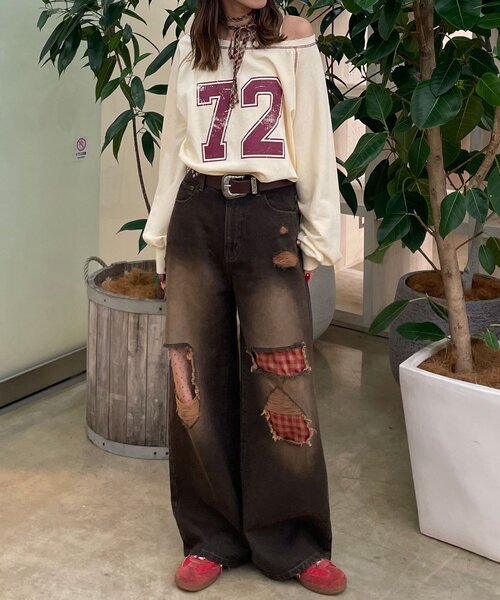 CIAOPANIC（チャオパニック）の「ドット×チェックダメージデニムパンツ（デニムパンツ・レディース・ブルー/ブラウン/ブラック・SMALL/X-SMALL/MEDIUM）」の16枚目の写真