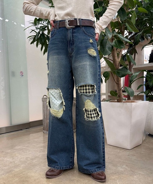 CIAOPANIC（チャオパニック）の「ドット×チェックダメージデニムパンツ（デニムパンツ・レディース・ブルー/ブラウン/ブラック・SMALL/X-SMALL/MEDIUM）」の3枚目の写真