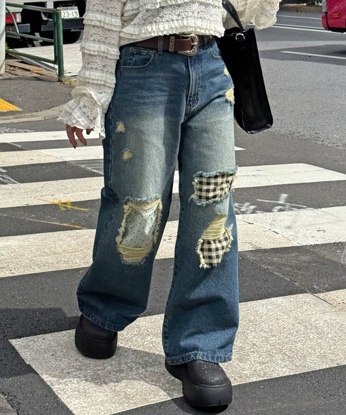 CIAOPANIC（チャオパニック）の「ドット×チェックダメージデニムパンツ（デニムパンツ・レディース・ブルー/ブラウン/ブラック・SMALL/X-SMALL/MEDIUM）」の4枚目の写真