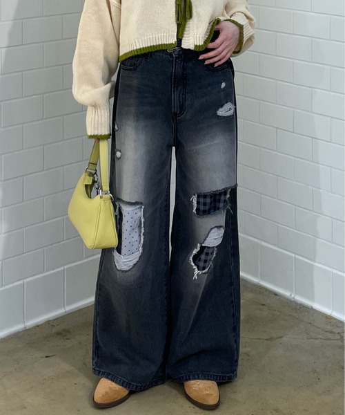 CIAOPANIC（チャオパニック）の「ドット×チェックダメージデニムパンツ（デニムパンツ・レディース・ブルー/ブラウン/ブラック・SMALL/X-SMALL/MEDIUM）」の5枚目の写真