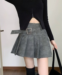 ベルト付きハイウエストプリーツミニスカート
