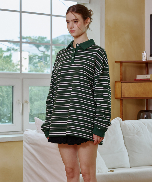 ARI(アリ)の「ARETE STRIPE OVERFIT COLLAR T-SHIRT / GREEN(ポロシャツ・レディース・グリーン・FREE)」の7枚目の写真