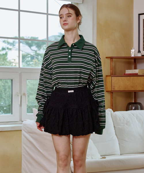 ARI(アリ)の「ARETE STRIPE OVERFIT COLLAR T-SHIRT / GREEN(ポロシャツ・レディース・グリーン・FREE)」の4枚目の写真