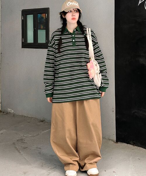 ARI(アリ)の「ARETE STRIPE OVERFIT COLLAR T-SHIRT / GREEN(ポロシャツ・レディース・グリーン・FREE)」の2枚目の写真