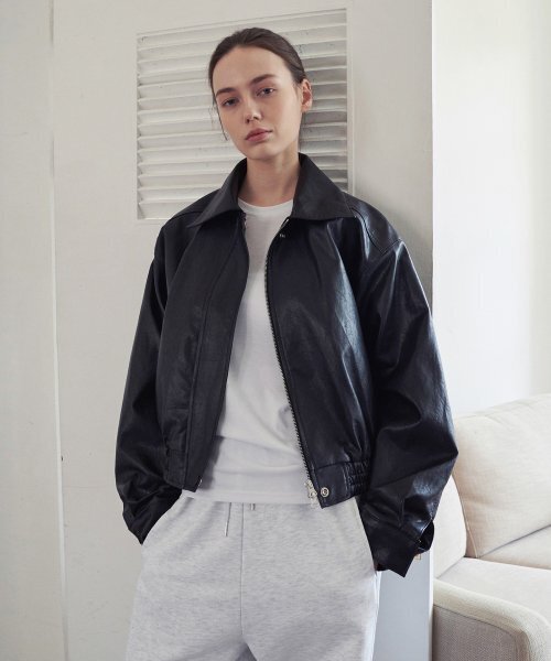 マニッシュレザーブルゾンジャケット - ブラック