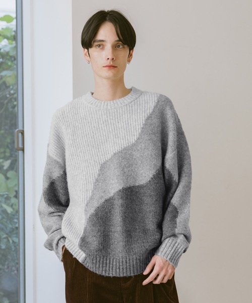 RAGEBLUE(レイジブルー)の「TEXTURE BLOCK DESIGN KNIT / 編み地切り替えデザインニット(ニット/セーター・メンズ・グレー/レッド/ブラウン/ブラック・LARGE/MEDIUM/SMALL)」の2枚目の写真