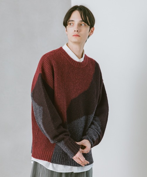 RAGEBLUE(レイジブルー)の「TEXTURE BLOCK DESIGN KNIT / 編み地切り替えデザインニット(ニット/セーター・メンズ・グレー/レッド/ブラウン/ブラック・LARGE/MEDIUM/SMALL)」の4枚目の写真