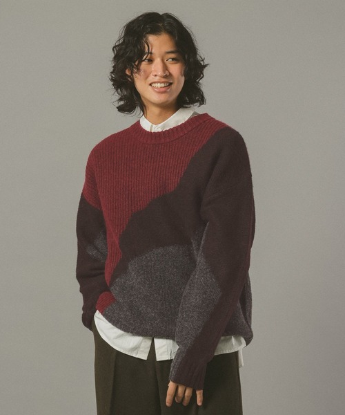RAGEBLUE(レイジブルー)の「TEXTURE BLOCK DESIGN KNIT / 編み地切り替えデザインニット(ニット/セーター・メンズ・グレー/レッド/ブラウン/ブラック・LARGE/MEDIUM/SMALL)」の17枚目の写真