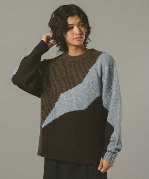 RAGEBLUE(レイジブルー)の「TEXTURE BLOCK DESIGN KNIT / 編み地切り替えデザインニット(ニット/セーター・メンズ・グレー/レッド/ブラウン/ブラック・LARGE/MEDIUM/SMALL)」の22枚目の写真