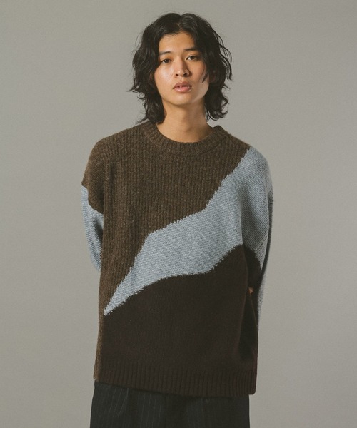 RAGEBLUE(レイジブルー)の「TEXTURE BLOCK DESIGN KNIT / 編み地切り替えデザインニット(ニット/セーター・メンズ・グレー/レッド/ブラウン/ブラック・LARGE/MEDIUM/SMALL)」の13枚目の写真