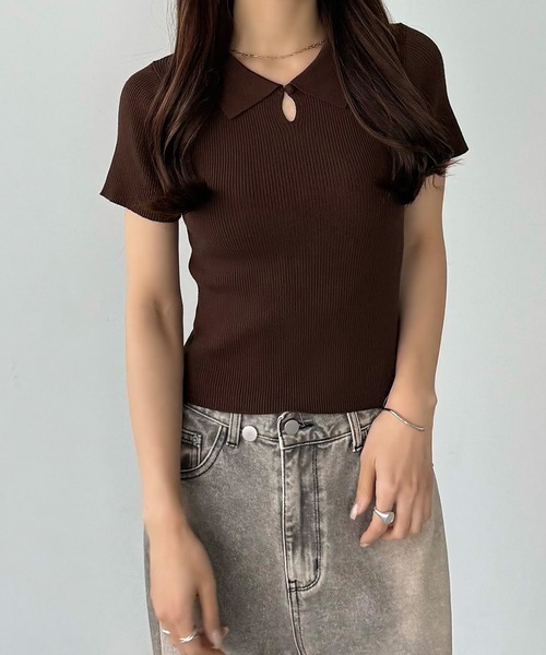 callautia(カラウティア)の「フロントスリットポロニットトップス(ニット/セーター・レディース・チャコール/ネイビー/ブラウン/ブラック/アイボリー・MEDIUM/LARGE/X-LARGE)」の11枚目の写真