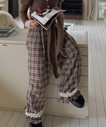 LYEON（リヨン）の「レースフリルチェックワイドパンツ（その他パンツ）」