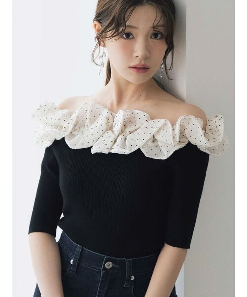 MERCURYDUO（マーキュリーデュオ）の「2WAY異素材ランダムラッフルニット（ニット/セーター・レディース・チャコールグレー/フレッシュイエロー/その他1/ネイビー・FREE）」の4枚目の写真