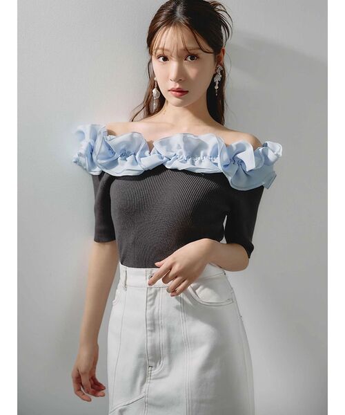 MERCURYDUO（マーキュリーデュオ）の「2WAY異素材ランダムラッフルニット（ニット/セーター・レディース・チャコールグレー/フレッシュイエロー/その他1/ネイビー・FREE）」の2枚目の写真