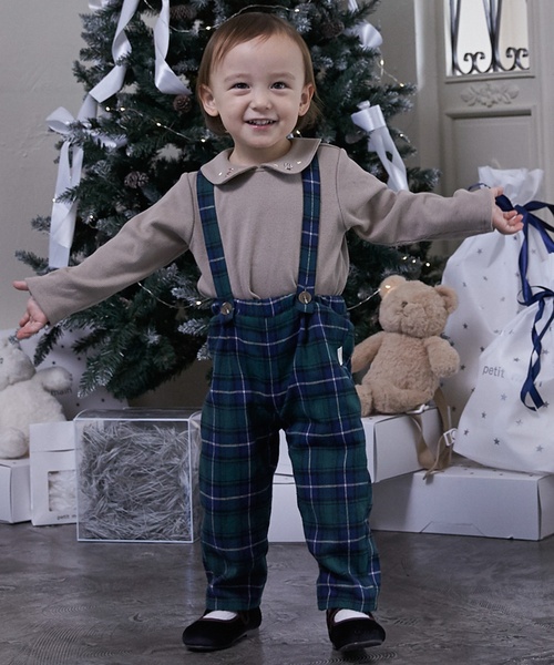 petit main（プティマイン）の「衿つき長T+サスつきパンツセット（セットアップ・キッズ・グリーン/レッド・110cm/80ｃｍ/100cm/90cm）」の2枚目の写真