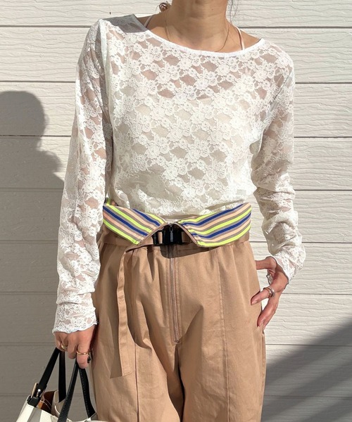 Q(キュー)の「レーシーライントップス(Tシャツ/カットソー・レディース・アイボリー/オリーブ・MEDIUM)」の1枚目の写真