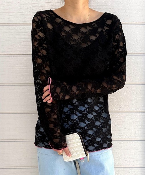 Q（キュー）の「レーシーライントップス（Tシャツ/カットソー・レディース・アイボリー/オリーブ/ライトグレー/ブラック・MEDIUM）」の3枚目の写真