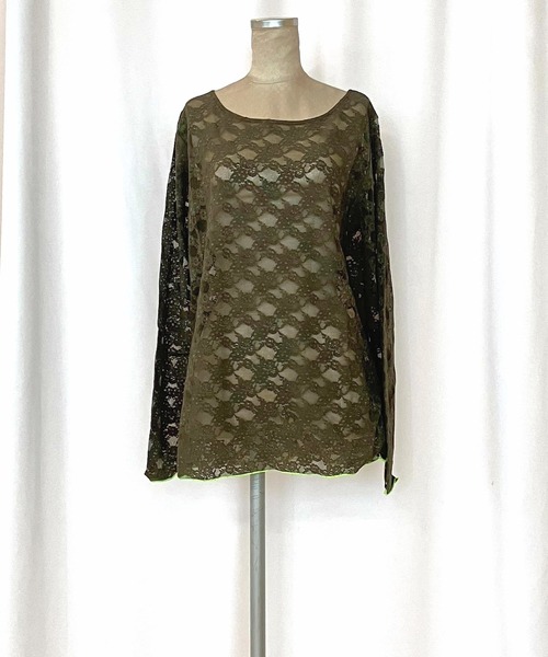 Q(キュー)の「レーシーライントップス(Tシャツ/カットソー・レディース・アイボリー/オリーブ・MEDIUM)」の3枚目の写真