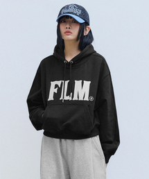 (W) FLM スティッチロゴクロップフードパーカー-ブラック