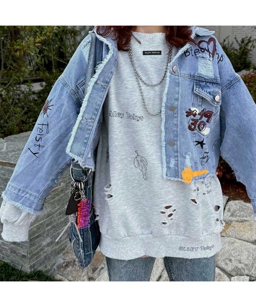 Flugge（フラッジー）の「ダメージpaintデニムジャケット（デニムジャケット・レディース・ブルー・FREE）」の6枚目の写真