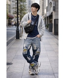 【Blss】【Bling Leads】ダメージ加工デニムパンツ ししゅう入