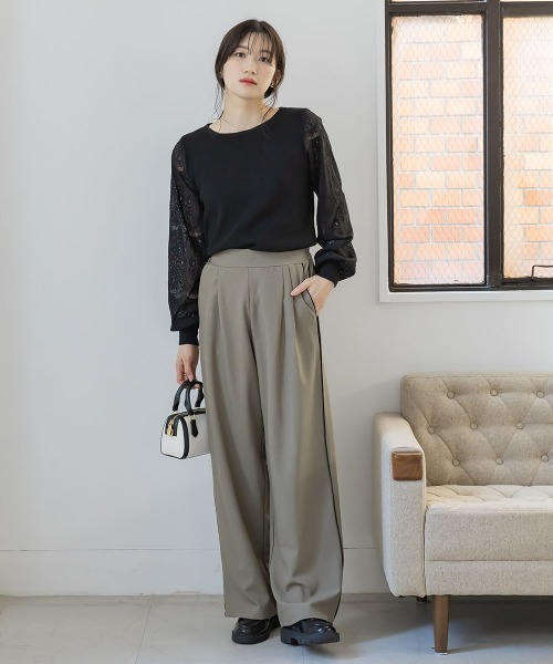 slattgir(スラットジール)の「高身長 パイピングデザインワイドパンツ(トールサイズ)Essenave(その他パンツ・レディース・ベージュ/ブラック・TM/TL/TLL/T3L)」の3枚目の写真