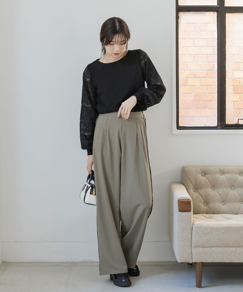slattgir(スラットジール)の「高身長 パイピングデザインワイドパンツ(トールサイズ)Essenave(その他パンツ・レディース・ベージュ/ブラック・TM/TL/TLL/T3L)」の5枚目の写真