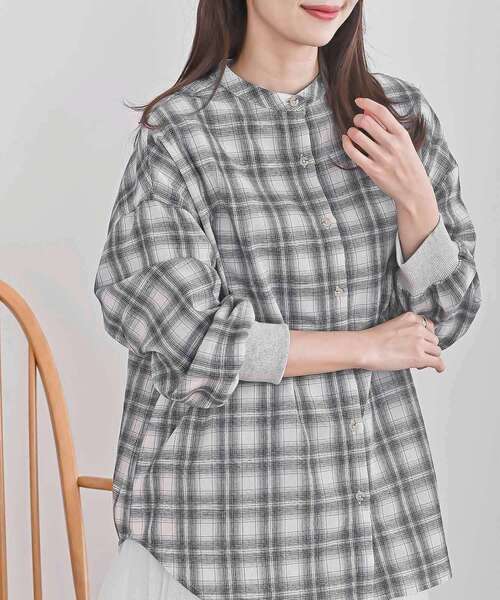 rps（アールピーエス）の「リブ使いバンドカラーチェックシャツ（シャツ/ブラウス・レディース・ブラウン/ブラック・フリー）」の2枚目の写真