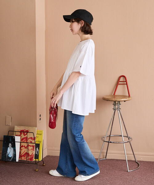 FREAK'S STORE(フリークスストア)の「限定展開 Champion × FREAK'S STORE/チャンピオン 別注 ギャザー切り替え チュニック(Tシャツ/カットソー・レディース・オフホワイト/ブラック/ライトグレー/グリーン/ネイビー・フリ-)」の16枚目の写真