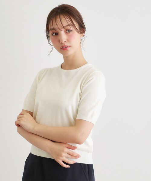 LAURA ASHLEY(ローラアシュレイ)の「【洗える/5分袖/同素材アイテムあり】ソフトタッチ プルオーバーニット(ニット/セーター・レディース・オフホワイト/サックスブルー・38/40)」の1枚目の写真