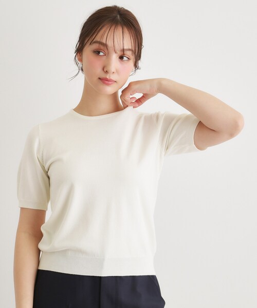 LAURA ASHLEY(ローラアシュレイ)の「【洗える/5分袖/同素材アイテムあり】ソフトタッチ プルオーバーニット(ニット/セーター・レディース・オフホワイト/サックスブルー・38/40)」の3枚目の写真