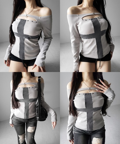 me+em select(ミームセレクト)の「【 2color 】十字架ヴィンテージクロスオフショルスリムリブトップス / vintage cross offshoulder slim lib tops(Tシャツ/カットソー・レディース・グレー/ブラック・FREE)」の6枚目の写真