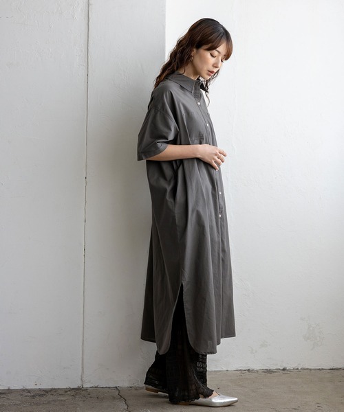 No Rule No Line(ノール-ルノーライン)の「マーブルボタン2WAYロングシャツワンピース(ワンピース・レディース・チャコール/ベージュ系/ホワイト系・FREE)」の3枚目の写真