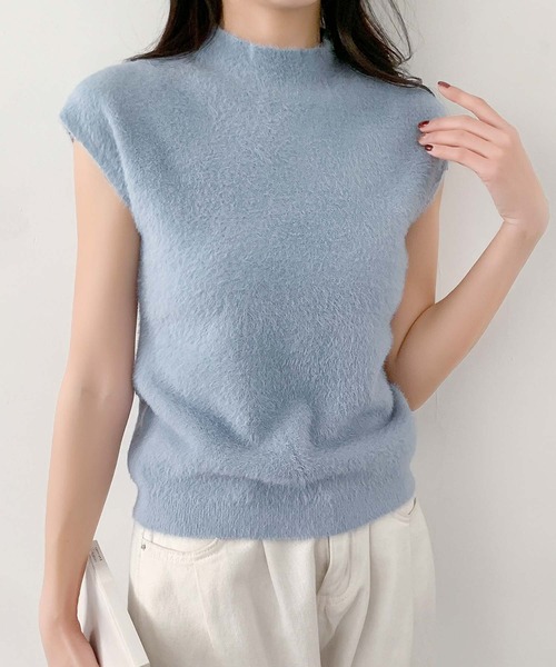LOWO(ロワ)の「ボトルネック フレンチスリーブ ニットトップス(ニット/セーター・レディース・ブルー/オフホワイト/ブラック/ベージュ・FREE)」の2枚目の写真