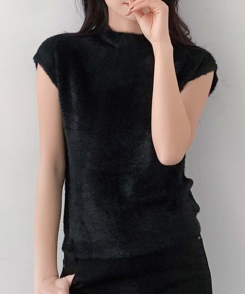 LOWO(ロワ)の「ボトルネック フレンチスリーブ ニットトップス(ニット/セーター・レディース・ブルー/オフホワイト/ブラック/ベージュ・FREE)」の1枚目の写真