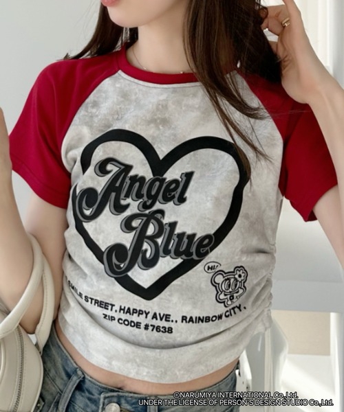 ANGEL BLUE(エンジェルブルー)の「【ANGEL BLUE】別注 エンジェルブルー 配色 ラグラン サイドギャザー ロゴプリントTシャツ(Tシャツ/カットソー・レディース・ブラック/ブルー/レッド・FREE)」の4枚目の写真