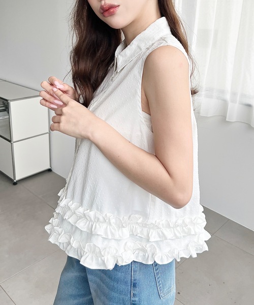 moment+(モーメントプラス)の「ふくれドットフリルノースリーブシャツ(シャツ/ブラウス・レディース・イエロー/オフホワイト/ブラック・M)」の6枚目の写真