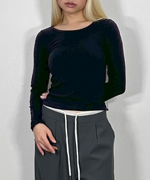 バックダブルストラップロングTシャツ/【後ろ姿まで可愛いバックリボン】 背中デザイン ダブルリボン 長袖 コンパクト ラウンドネック バックオープン 無地 レイヤード シンプルブラック ホワイト グレー