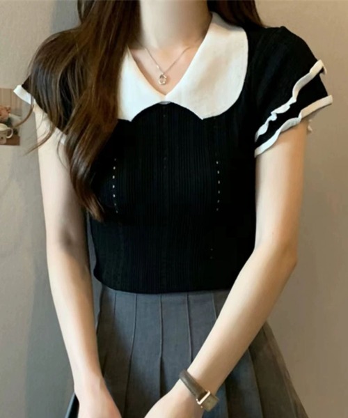 GLAMOROUS JANE(グラマラスジェーン)の「バイカラーフリル半袖トップス(ニット/セーター・レディース・ホワイト/ブラック/グレー・FREE)」の3枚目の写真