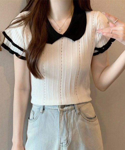 GLAMOROUS JANE(グラマラスジェーン)の「バイカラーフリル半袖トップス(ニット/セーター・レディース・ホワイト/ブラック/グレー・FREE)」の4枚目の写真