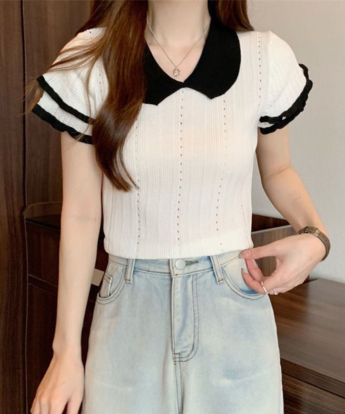 GLAMOROUS JANE(グラマラスジェーン)の「バイカラーフリル半袖トップス(ニット/セーター・レディース・ホワイト/ブラック/グレー・FREE)」の5枚目の写真
