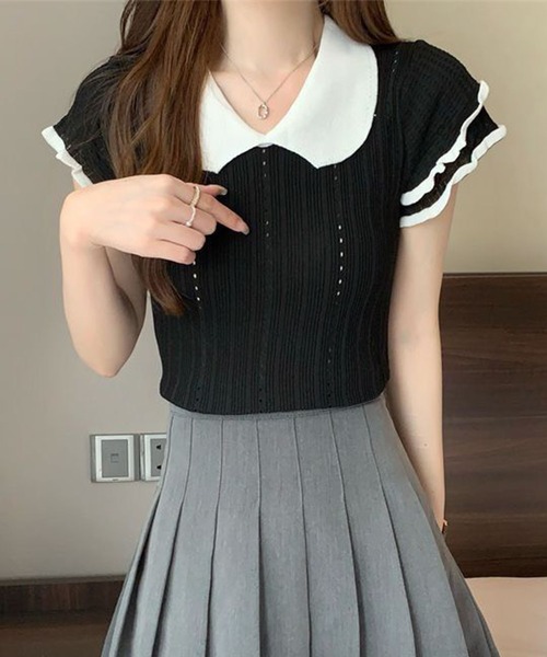 GLAMOROUS JANE(グラマラスジェーン)の「バイカラーフリル半袖トップス(ニット/セーター・レディース・ホワイト/ブラック/グレー・FREE)」の6枚目の写真