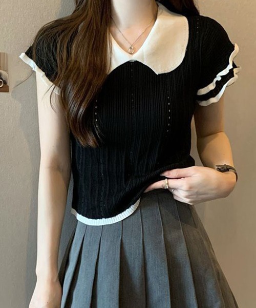 バイカラーフリル半袖トップス（ニット/セーター）｜GLAMOROUS JANE