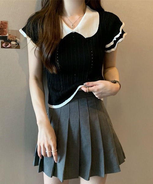 GLAMOROUS JANE(グラマラスジェーン)の「バイカラーフリル半袖トップス(ニット/セーター・レディース・ホワイト/ブラック/グレー・FREE)」の8枚目の写真