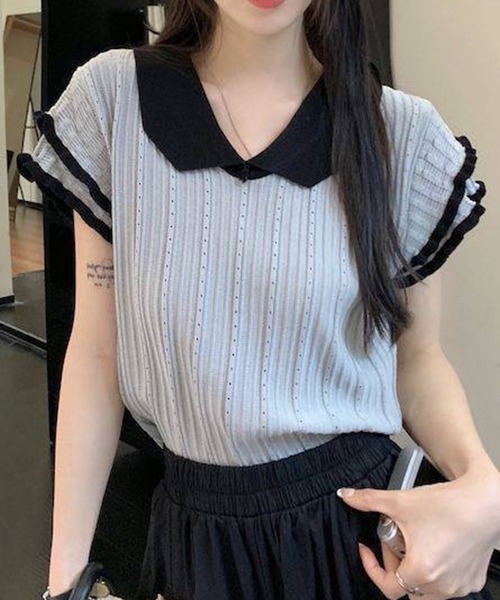 GLAMOROUS JANE(グラマラスジェーン)の「バイカラーフリル半袖トップス(ニット/セーター・レディース・ホワイト/ブラック/グレー・FREE)」の10枚目の写真