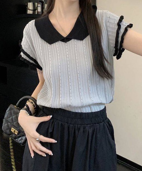 GLAMOROUS JANE(グラマラスジェーン)の「バイカラーフリル半袖トップス(ニット/セーター・レディース・ホワイト/ブラック/グレー・FREE)」の11枚目の写真